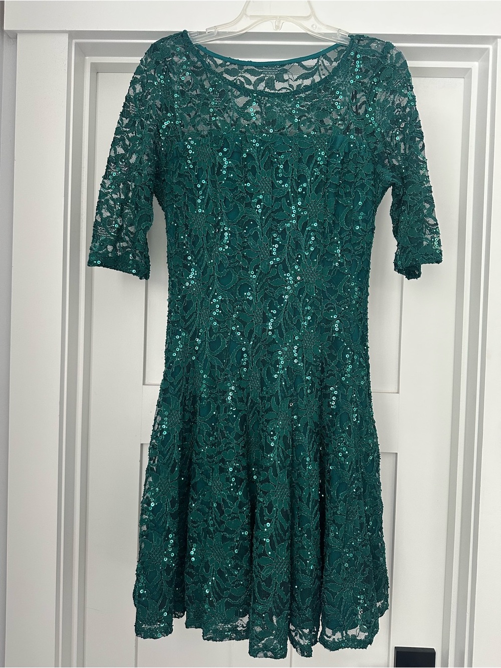 Emerald Green Lace & Sequin Fit-and-Flare Dress